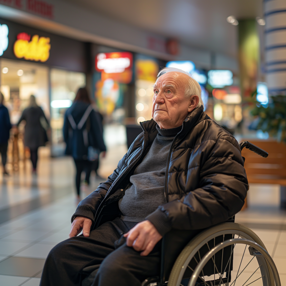 Un homme âgé en fauteuil roulant dans un centre commercial | Source : Midjourney