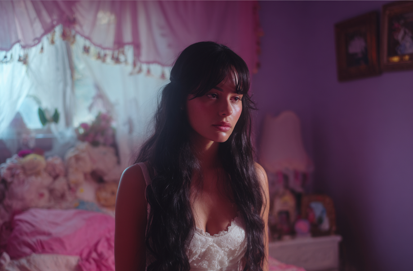 Une mariée émue assise dans sa chambre d'enfant | Source : Midjourney