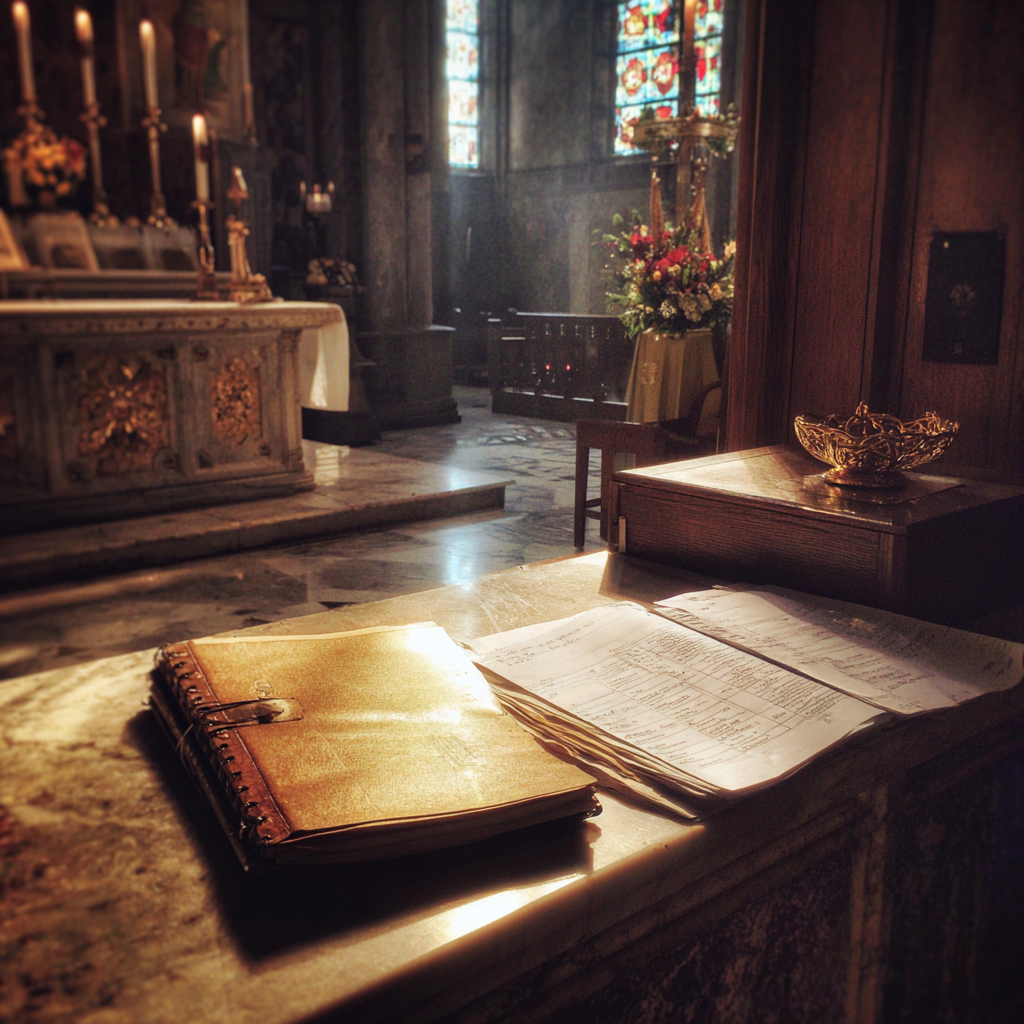 Un dossier et un livre ouvert sur l'autel d'une église | Source : Midjourney