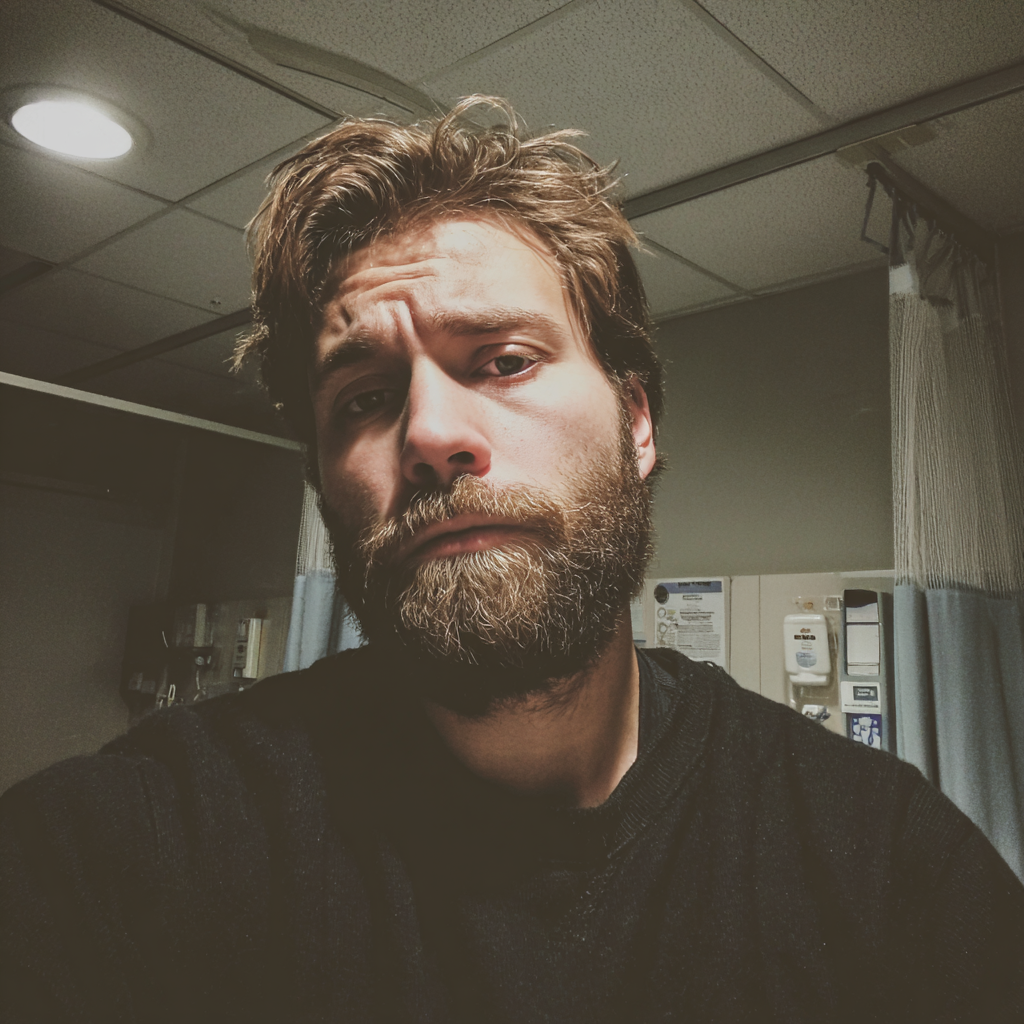 Un homme inquiet portant un pull noir | Source : Midjourney