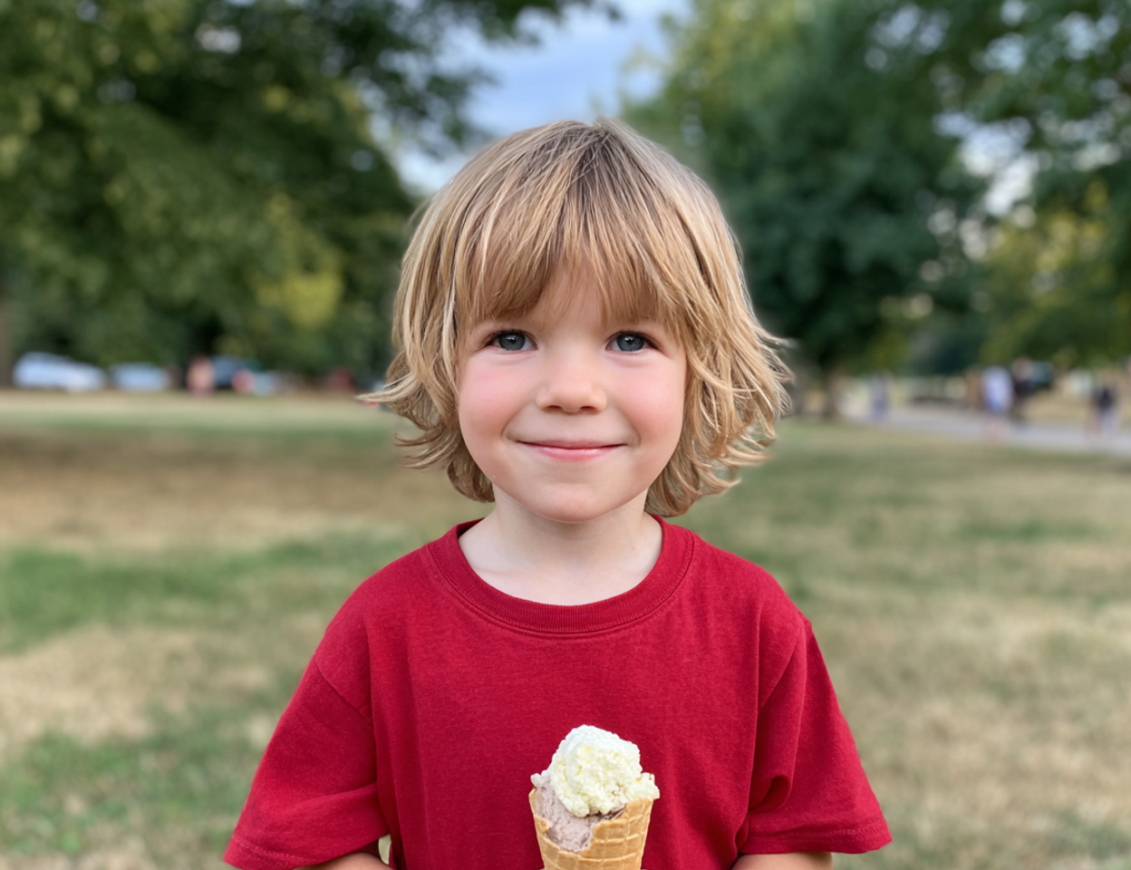 Un petit garçon souriant tenant un cornet de glace | Source : Midjourney