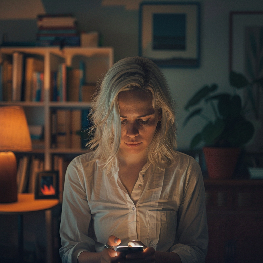 Une femme qui regarde fixement son téléphone | Source : Midjourney
