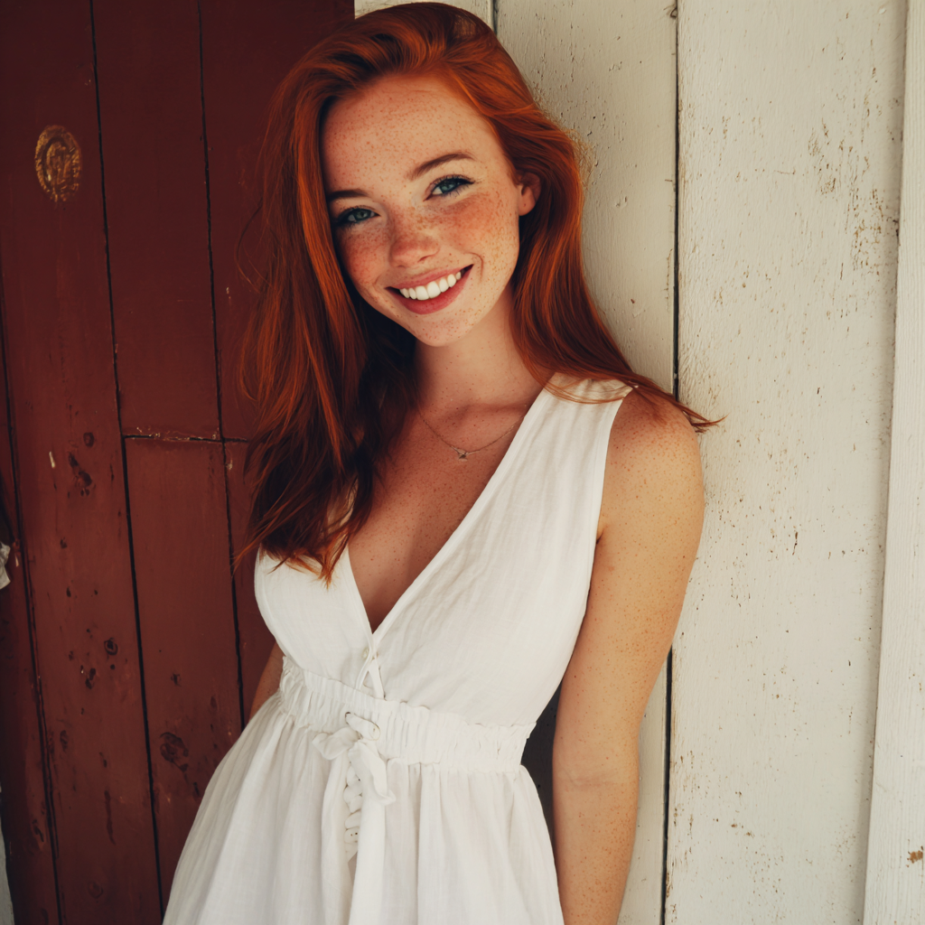 Une femme souriante adossée à une porte | Source : Midjourney