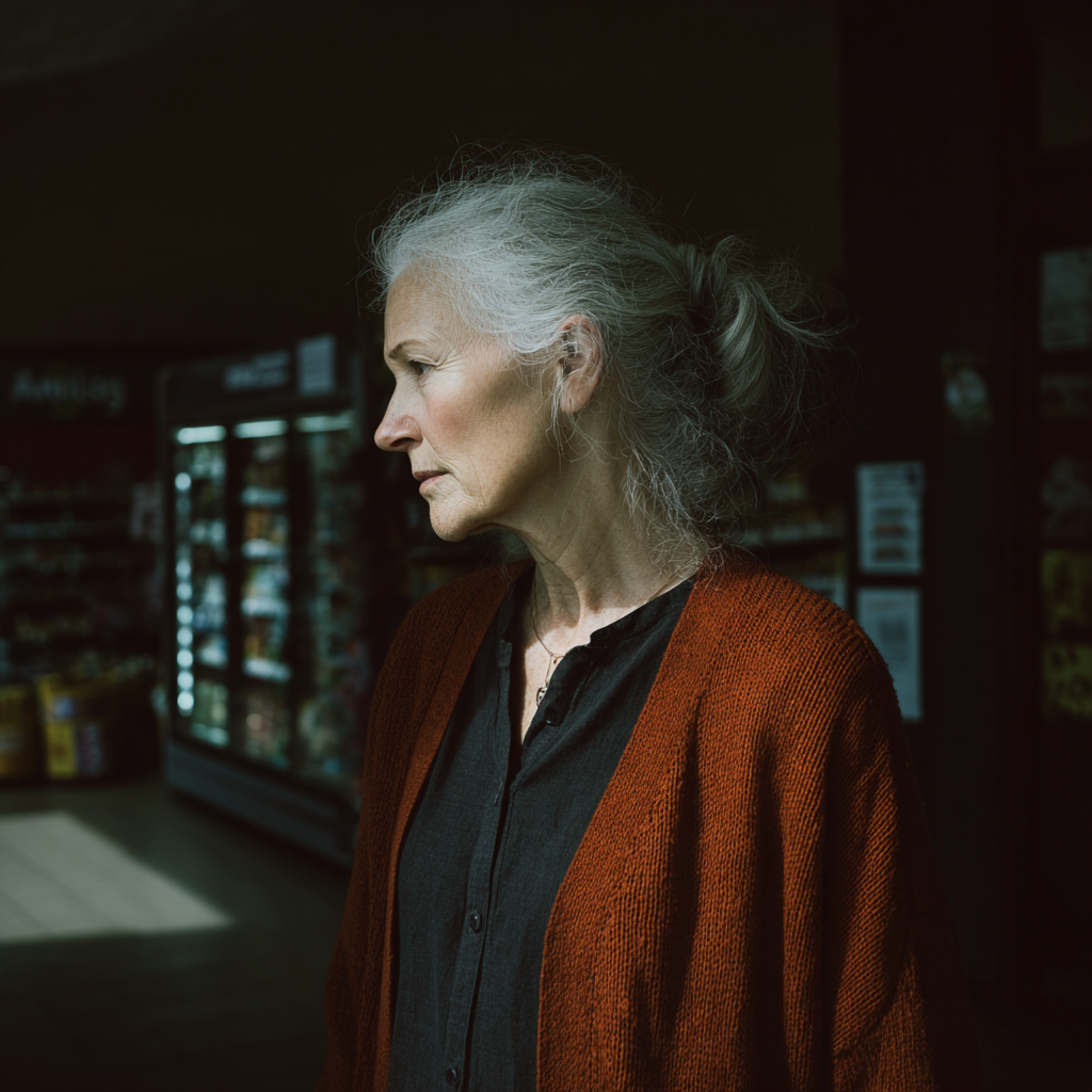 Une femme pensive debout dans une épicerie | Source : Midjourney