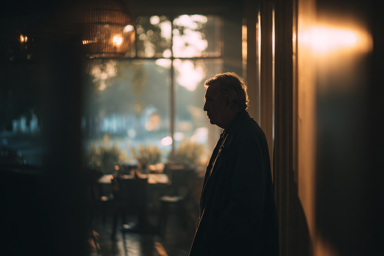 La silhouette d'un homme debout dans un café | Source : Midjourney