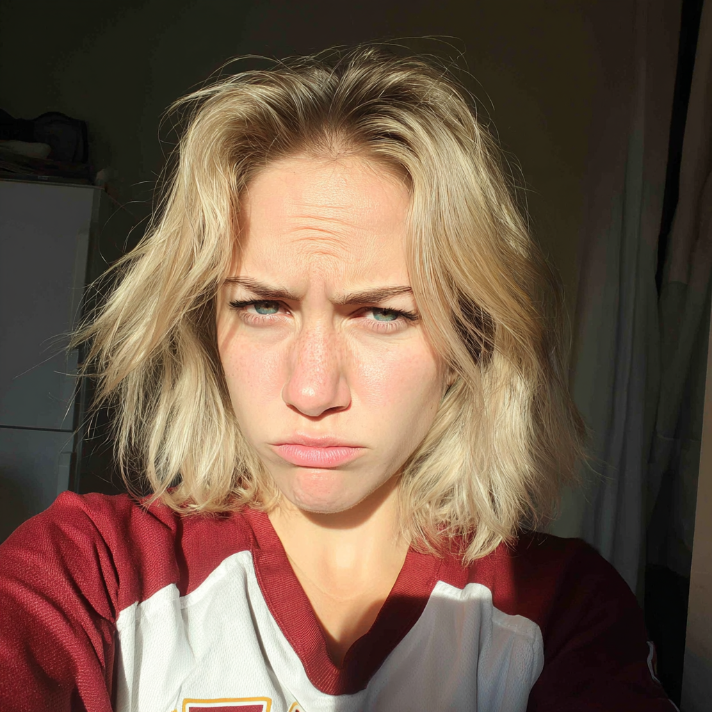 Une femme qui fronce les sourcils en portant un maillot de sport | Source : Midjourney