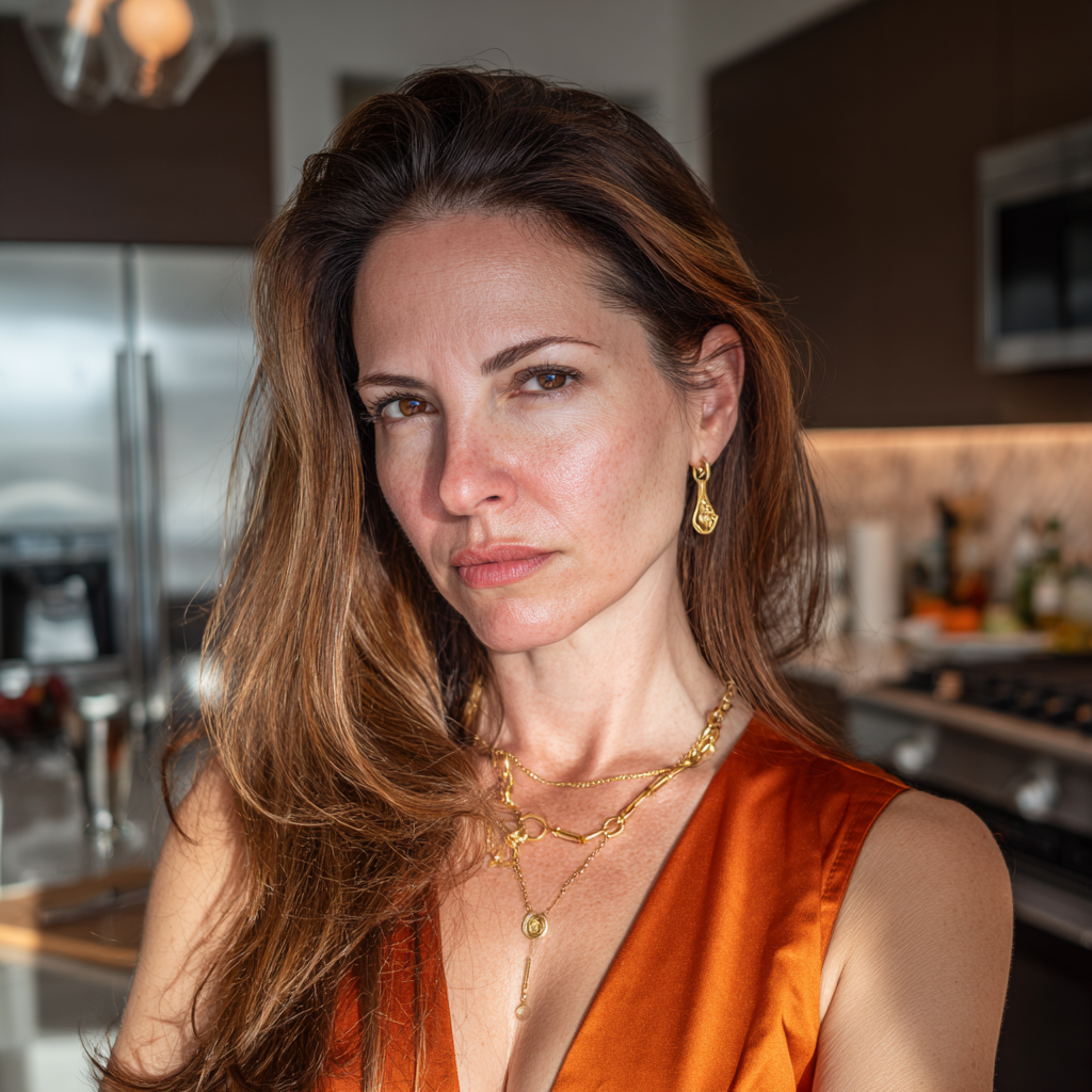 Une femme fronçant les sourcils debout dans une cuisine | Source : Midjourney