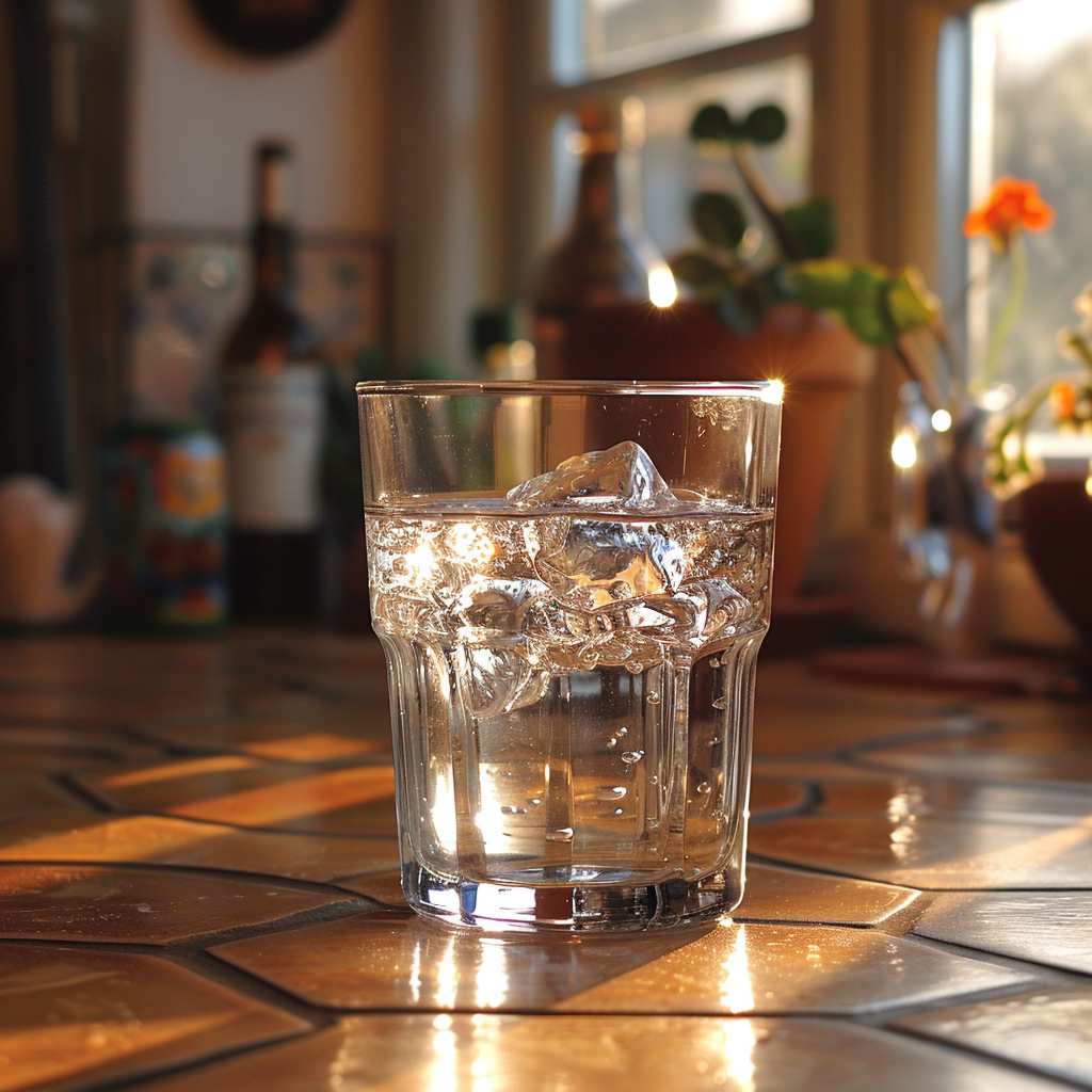 Un verre d'eau sur un comptoir | Source : Midjourney