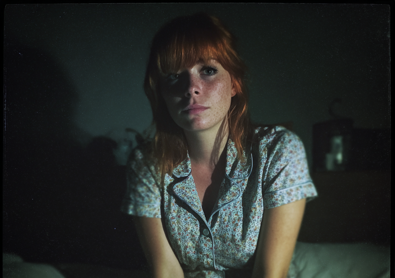 Une femme émotive assise sur son lit la nuit | Source : Midjourney
