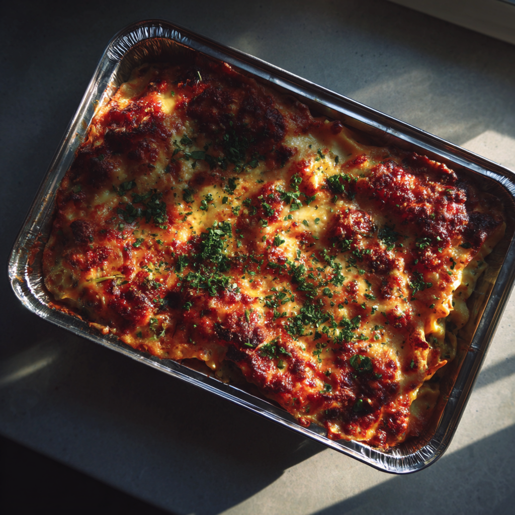 Un plateau de lasagnes sur un comptoir | Source : Midjourney
