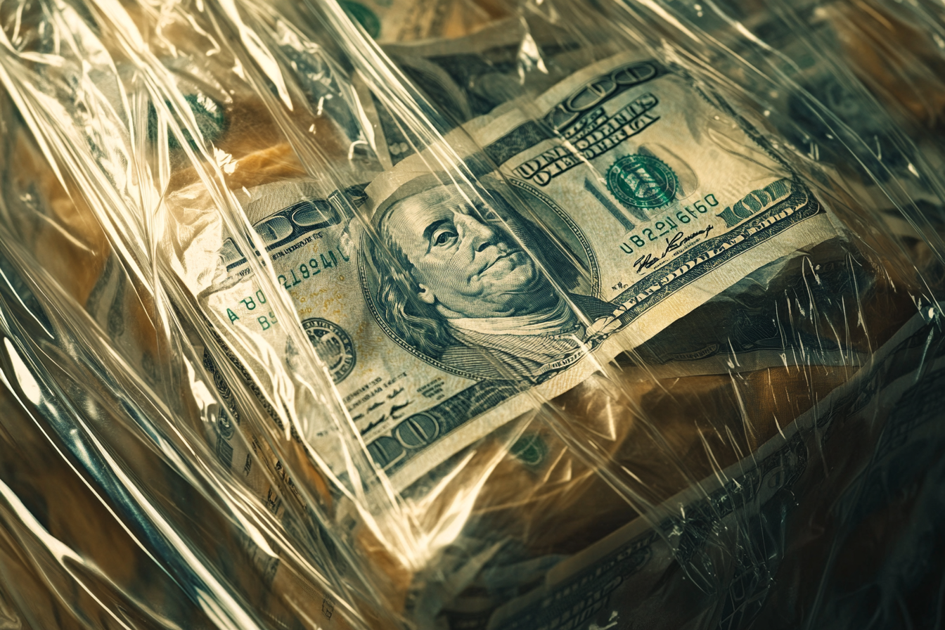 Liasse de billets enveloppée dans une feuille de plastique transparente | Source : Ozdomedia