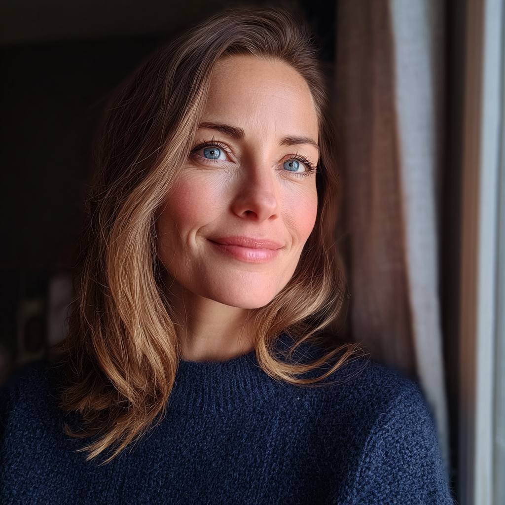 Une femme souriante debout près d'une fenêtre | Source : Midjourney