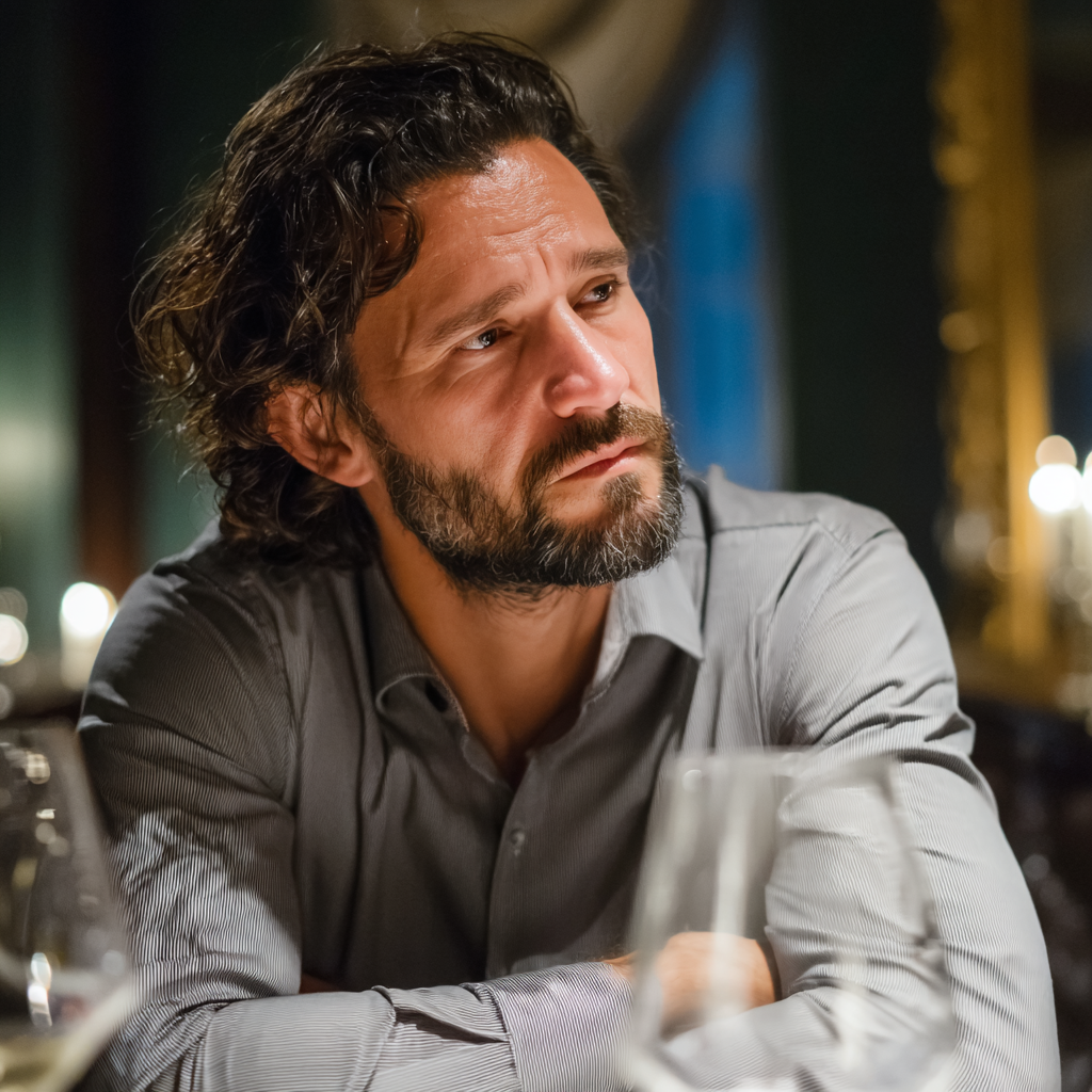 Gros plan sur un homme contrarié portant une chemise grise | Source : Midjourney