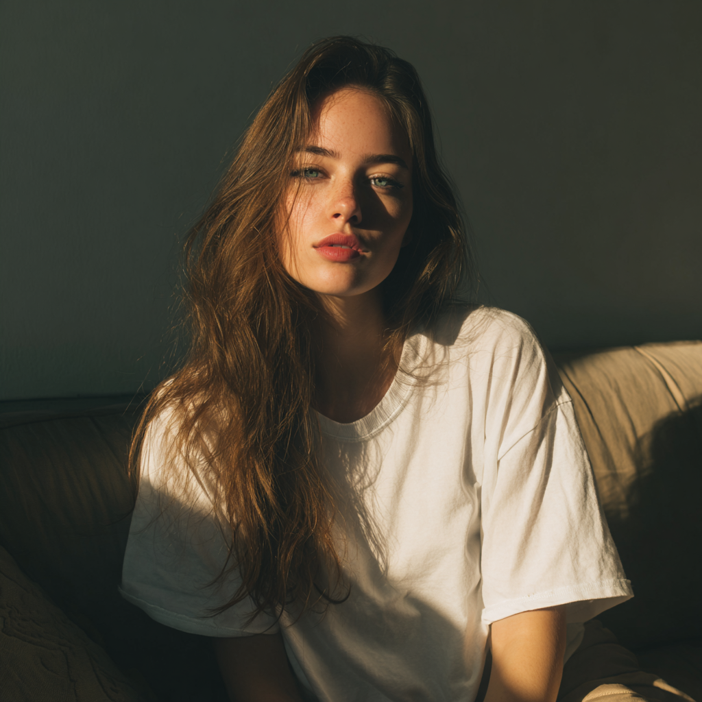 Une femme en tee-shirt blanc assise sur un canapé | Source : Midjourney