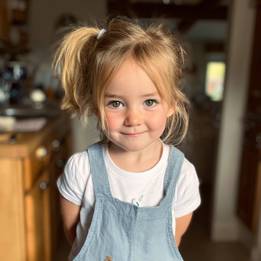 Une petite fille souriante en salopette | Source : Midjourney