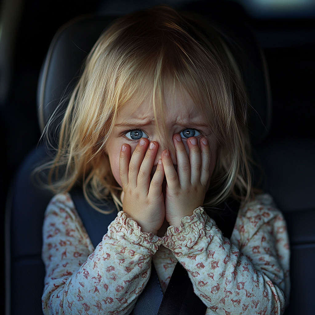 Une petite fille émue se couvrant le visage alors qu'elle est assise sur la banquette arrière d'une voiture | Source : Midjourney