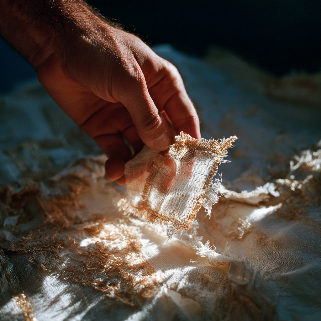 La main d'un homme tenant un morceau d'une robe de baptême découpée | Source : Midjourney