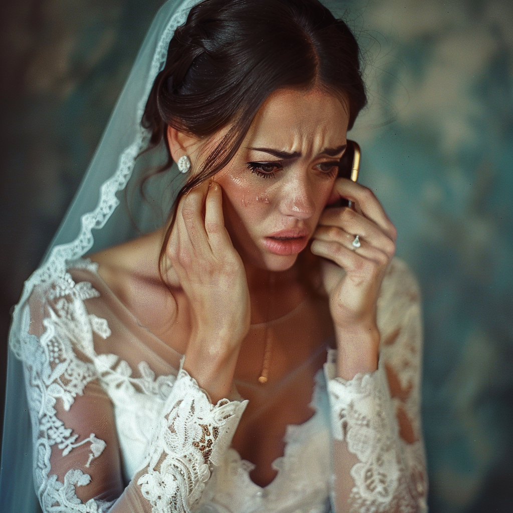 Une femme aux yeux pleins de larmes qui parle au téléphone | Source : Midjourney