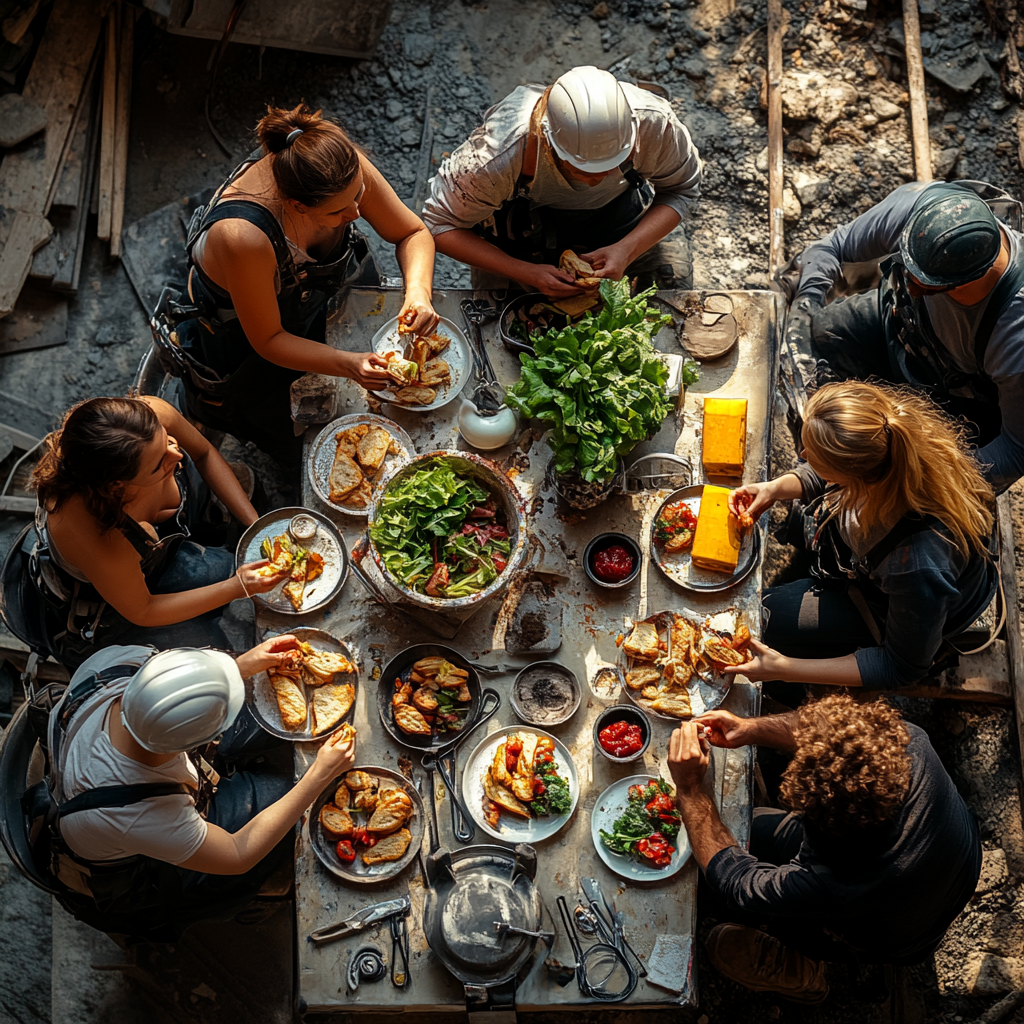Les travailleurs qui mangent | Source : Midjourney
