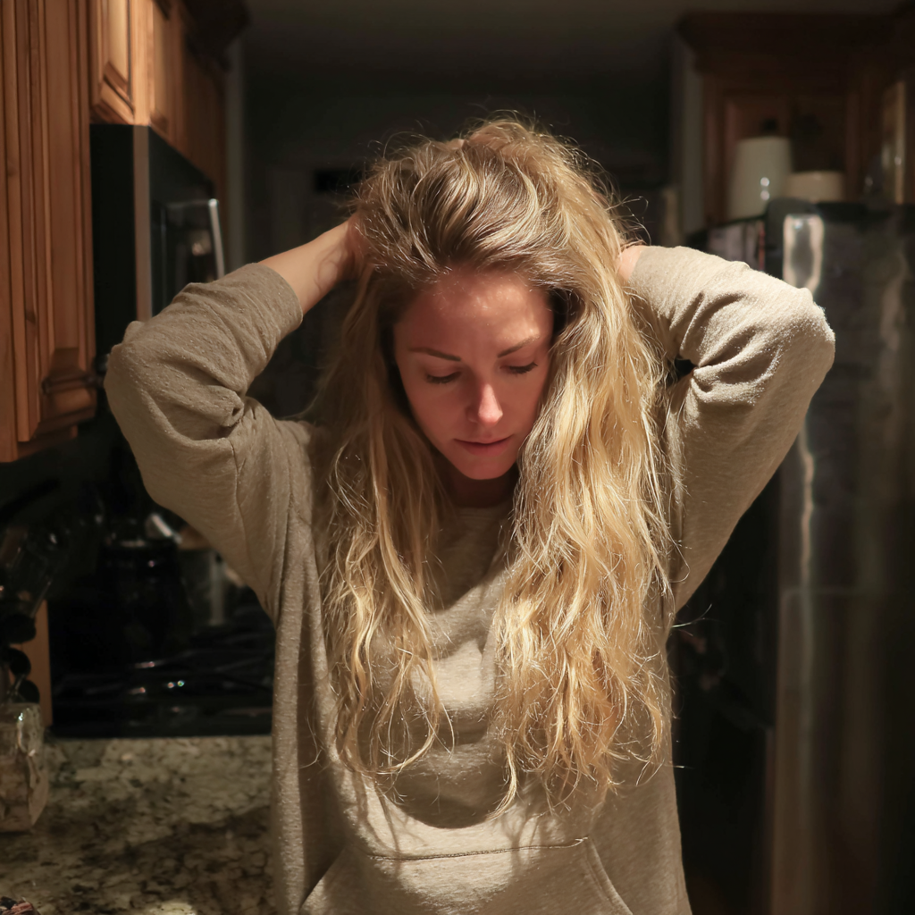 Une femme debout, les mains dans les cheveux | Source : Midjourney