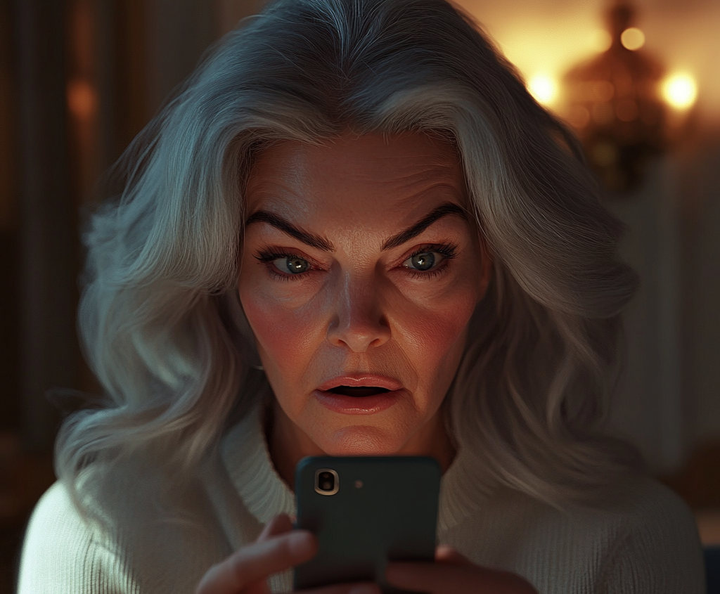 Une dame âgée choquée qui regarde son téléphone | Source : Midjourney