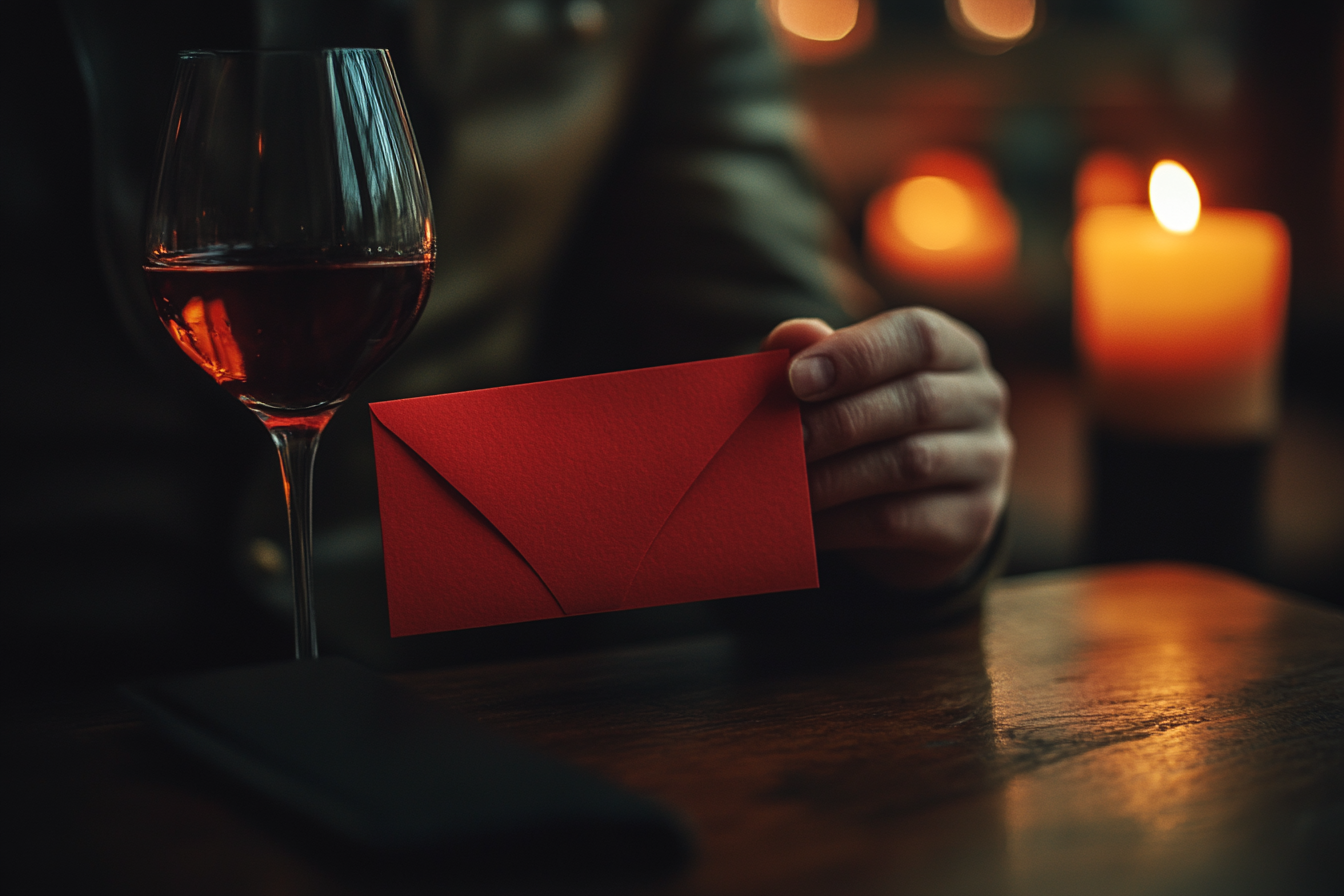 Une personne tenant une enveloppe rouge à côté d'un verre de vin | Source : Midjourney