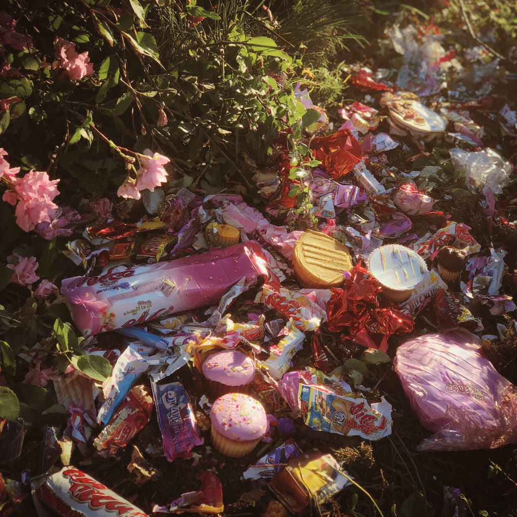 Emballages de bonbons et autres saletés dans un jardin | Source : Midjourney