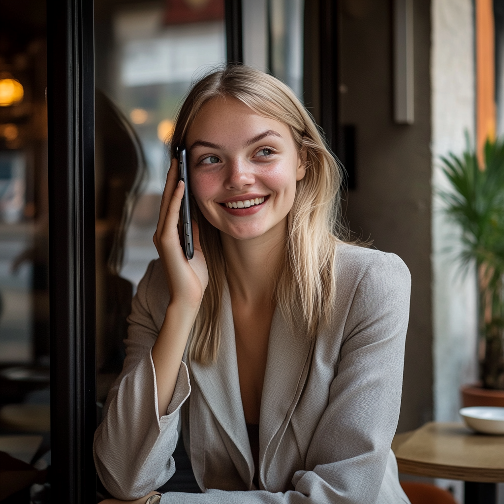 Une femme souriante au téléphone | Source : Midjourney