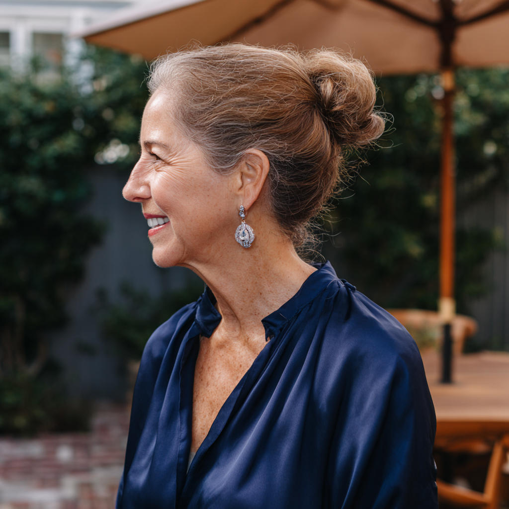 Une femme souriante portant un chemisier bleu marine | Source : Midjourney