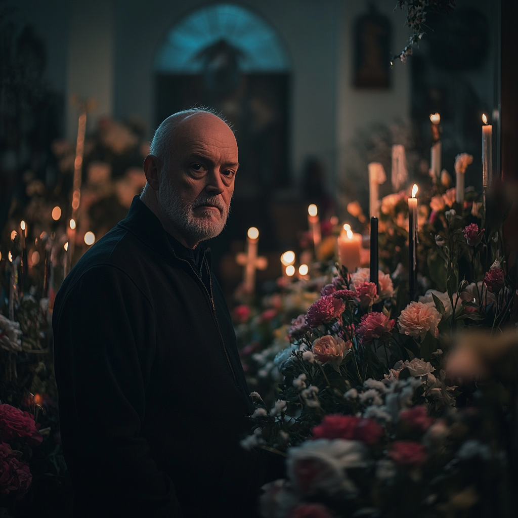 Un homme triste d'âge moyen dans un salon funéraire | Source : Midjourney