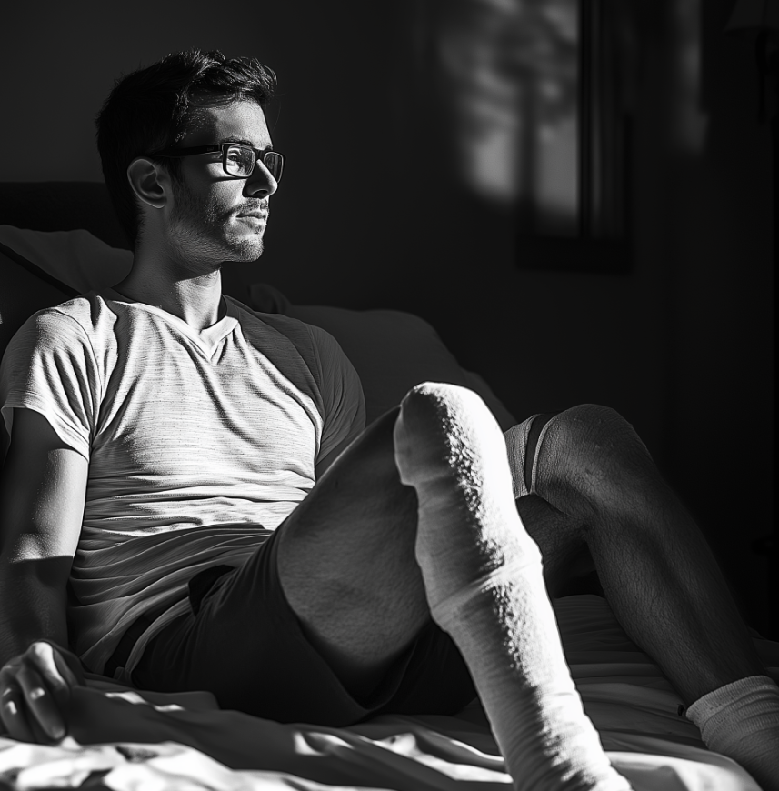 Image en niveaux de gris d'un homme dont la jambe est plâtrée | Source : Midjourney