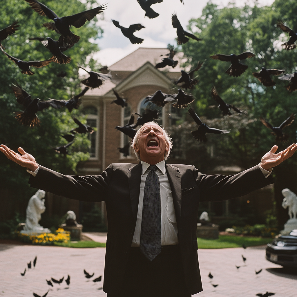 Un homme en colère entouré d'oiseaux | Source : Midjourney
