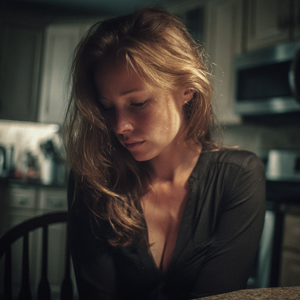 Une femme bouleversée assise à une table de cuisine | Source : Midjourney