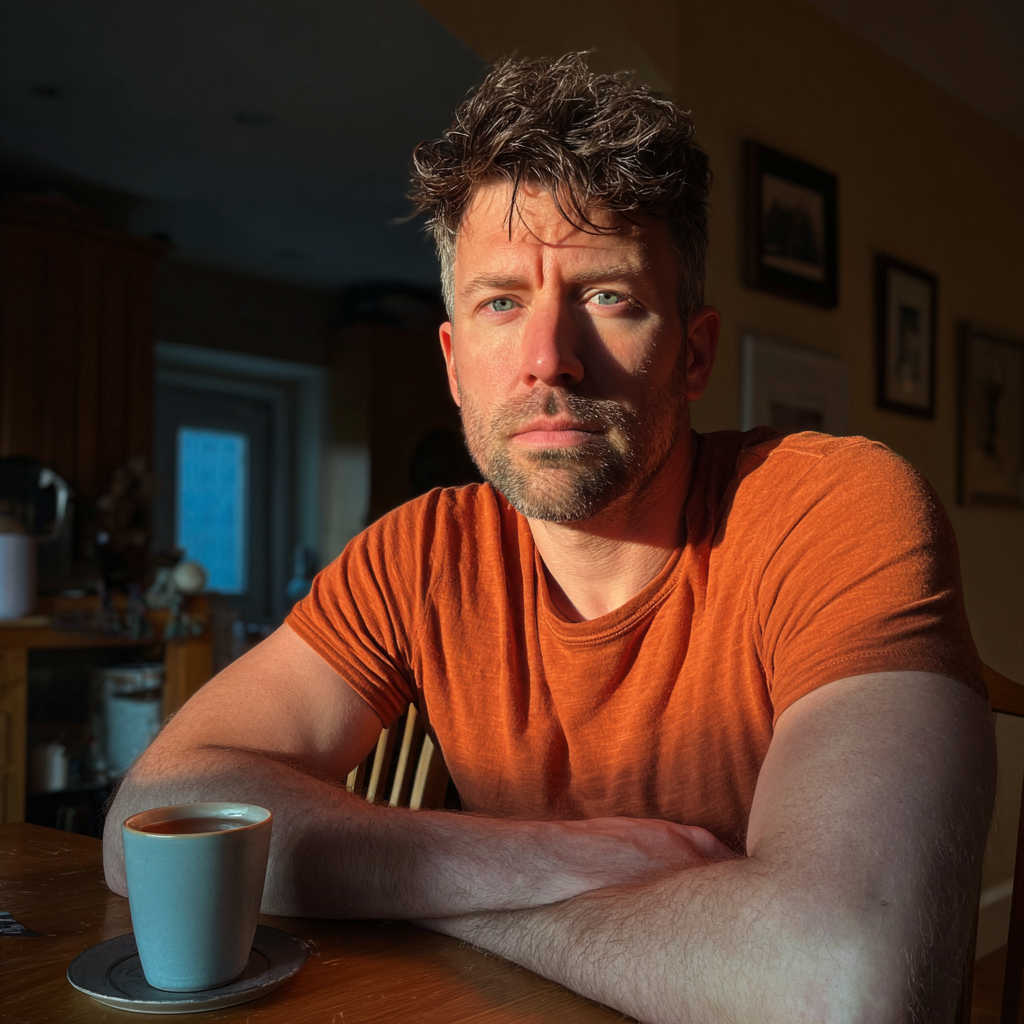 Un homme assis à une table avec une tasse de thé | Source : Midjourney