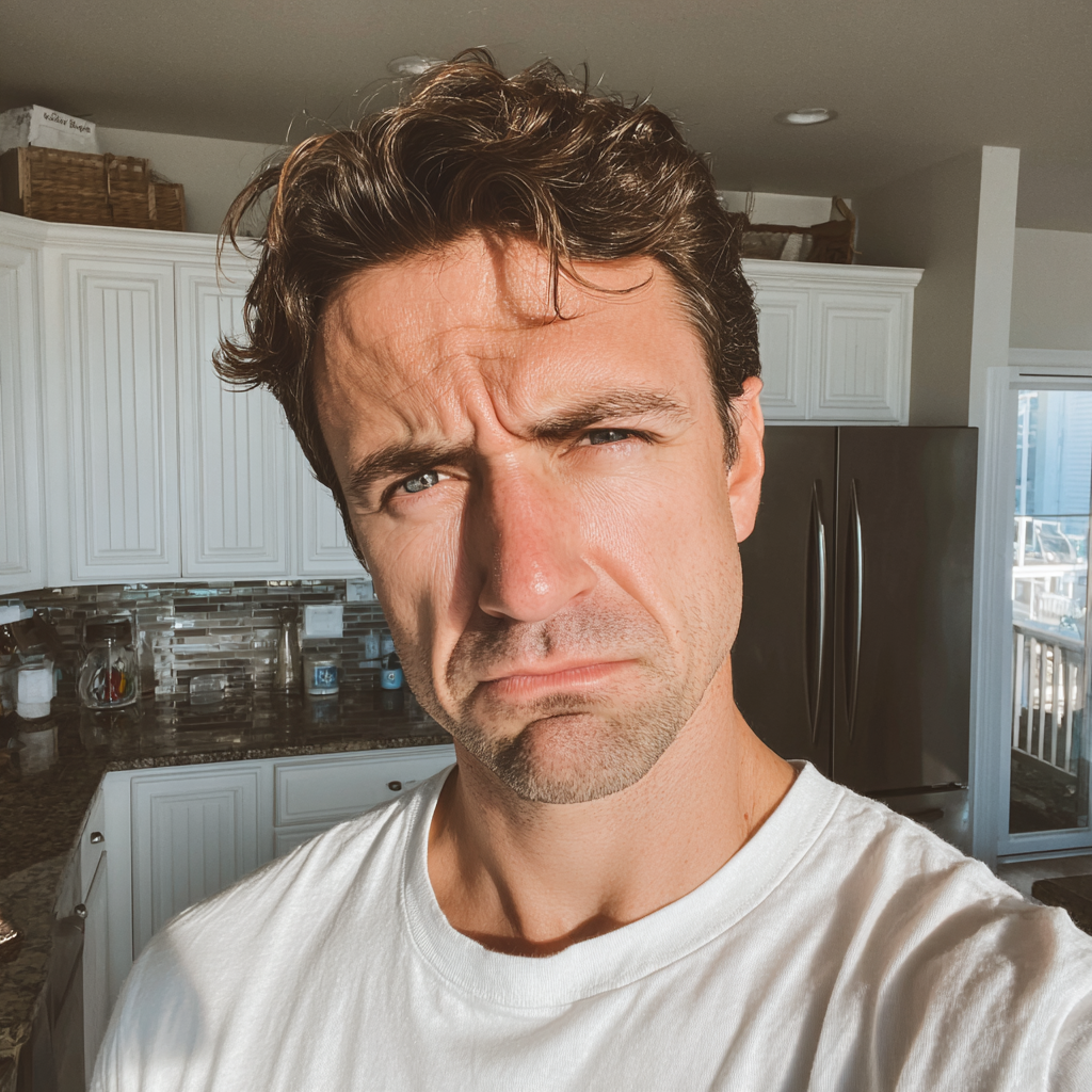 Gros plan sur un homme renfrogné et contrarié | Source : Midjourney