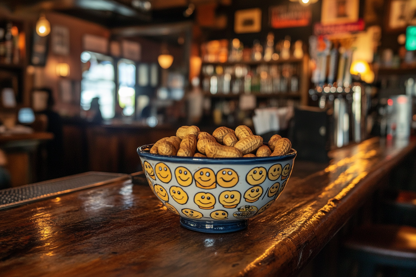 Cacahuètes dans un bol à smiley sur le comptoir d'un bar | Source : Midjourney