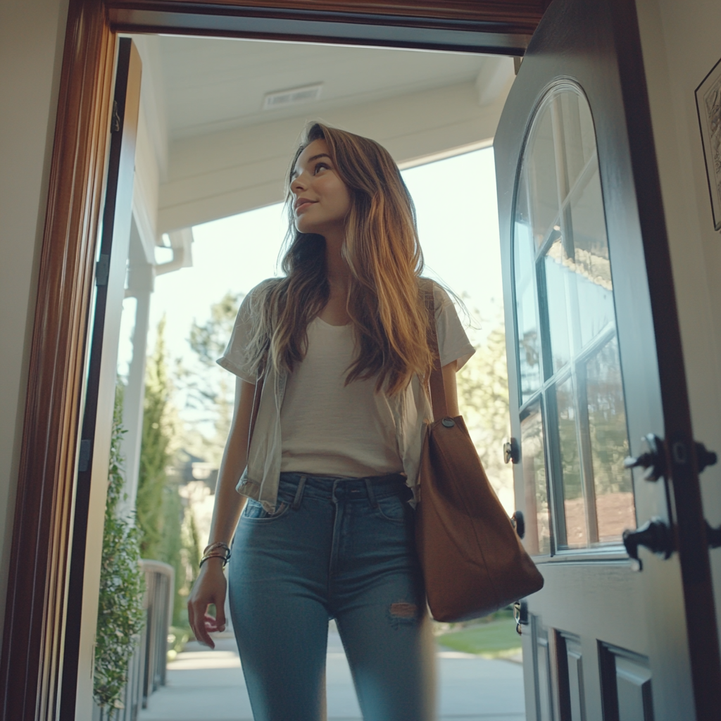 Une jeune femme pénétrant à l'intérieur d'une maison | Source : Midjourney