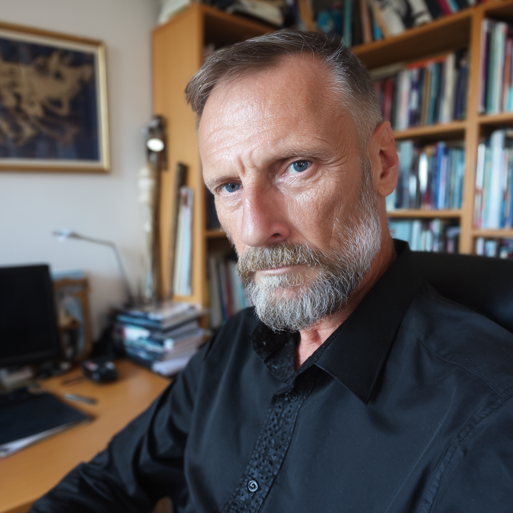 Un homme sévère assis derrière un bureau et portant une chemise noire formelle | Source : Midjourney