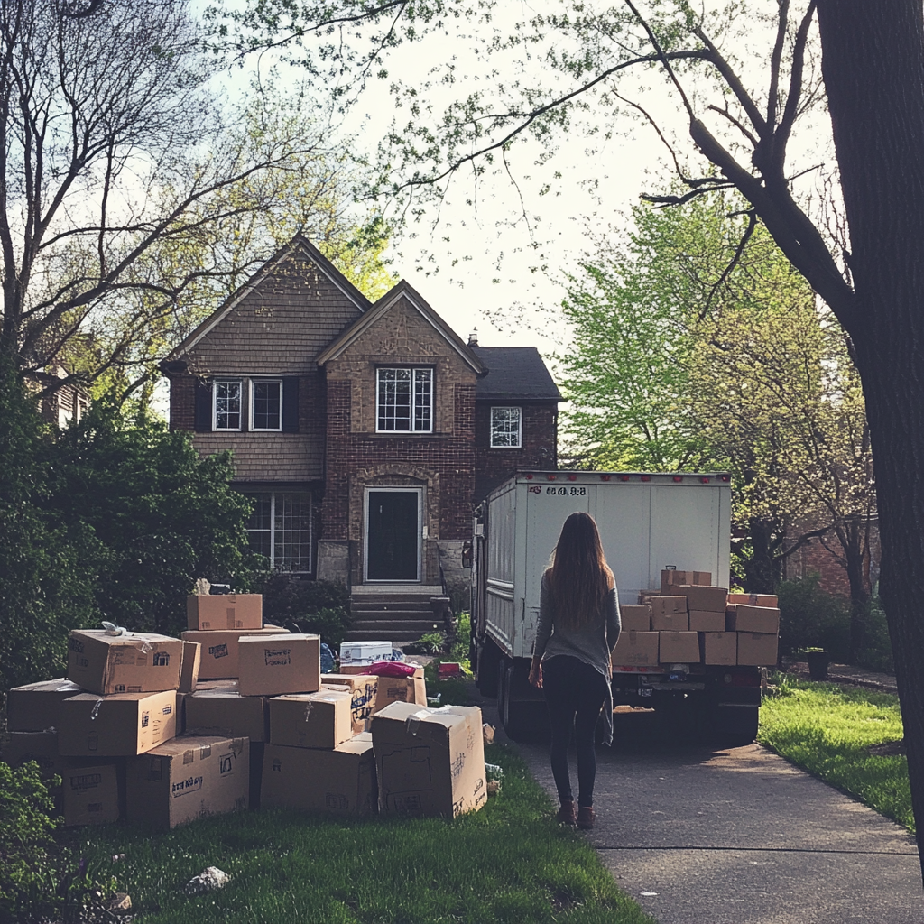 Une femme debout dans son allée avec des cartons | Source : Midjourney