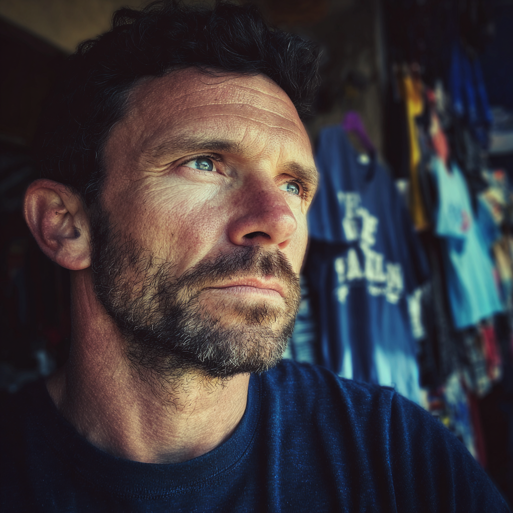 Un homme pensif portant un t-shirt bleu marine | Source : Midjourney
