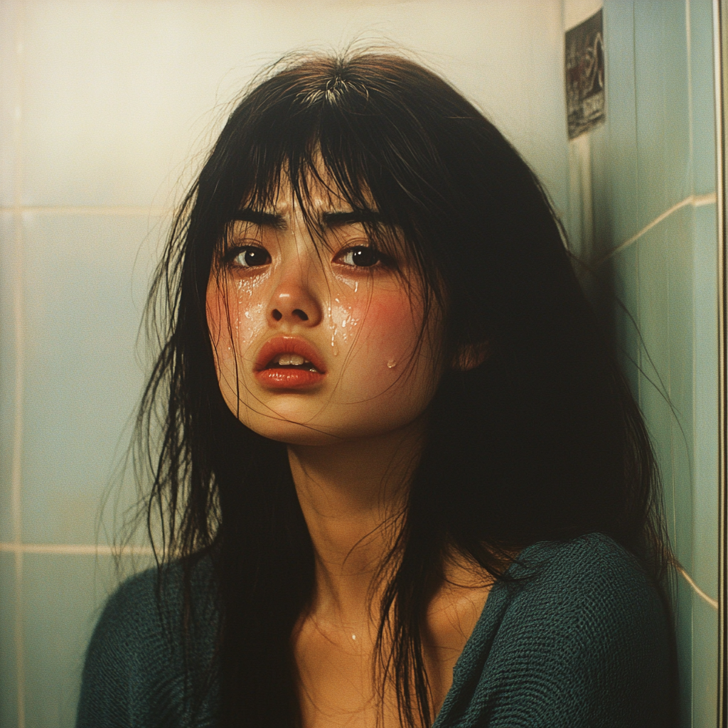 Une femme aux yeux pleins de larmes dans des toilettes | Source : Midjourney