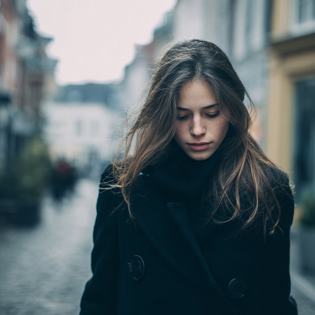 Une femme marchant dans une rue à l'air hanté | Source : Midjourney
