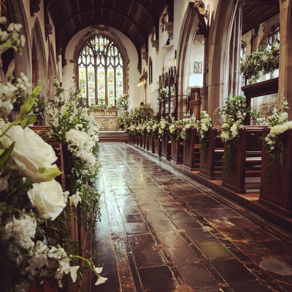 Roses blanches le long d'une allée de mariage dans une église | Source : Midjourney