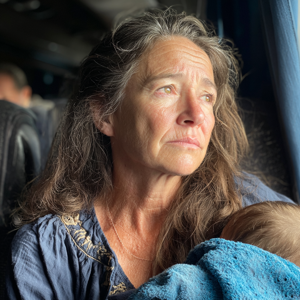 Une femme âgée assise dans un bus et regardant par la fenêtre | Source : Midjourney