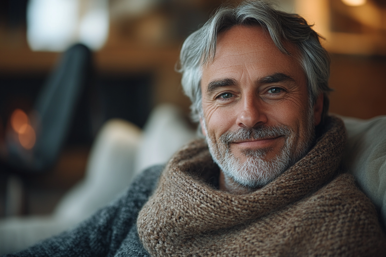 Un homme assis sur un canapé, souriant | Source : Midjourney