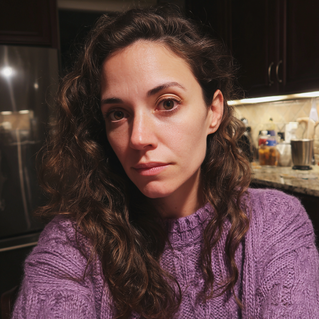 Gros plan d'une femme portant un pull violet | Source : Midjourney