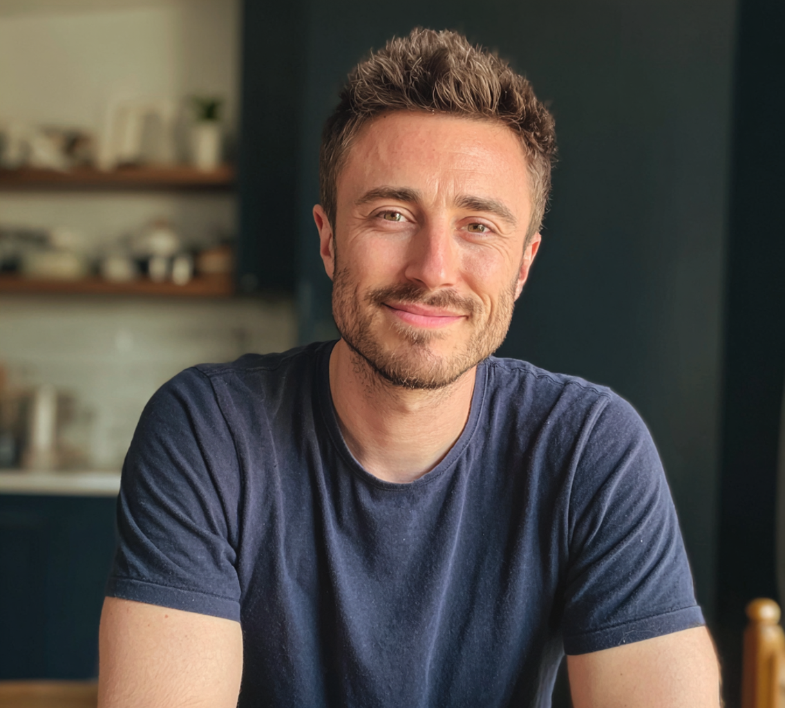 Un homme souriant assis à une table | Source : Midjourney
