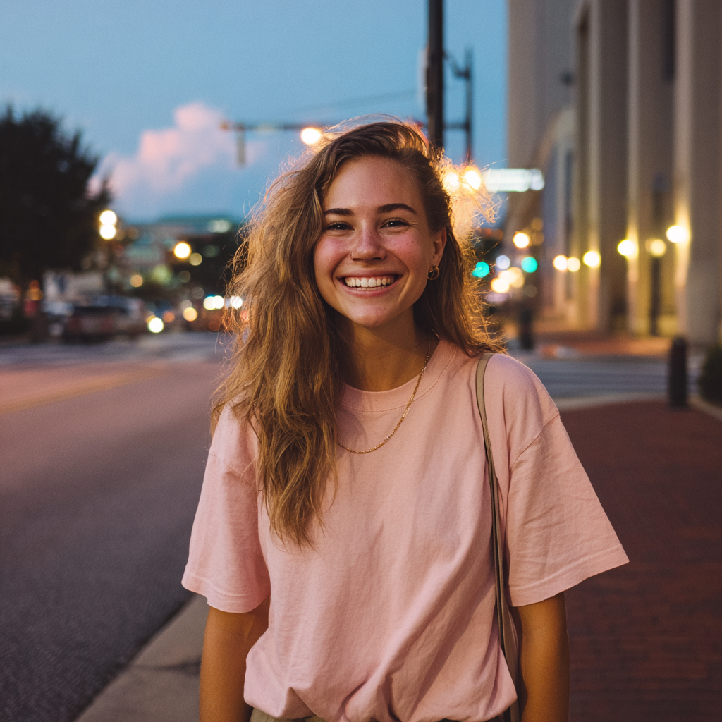 Une femme souriante se tenant à l'extérieur | Source : Midjourney