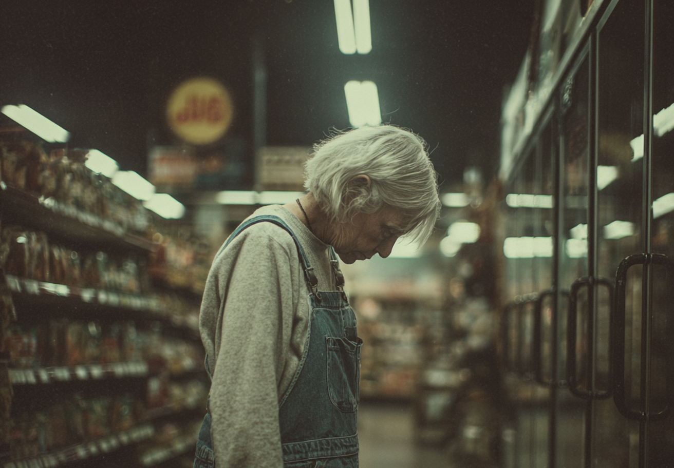 Une vieille femme triste qui regarde le sol | Source : Midjourney