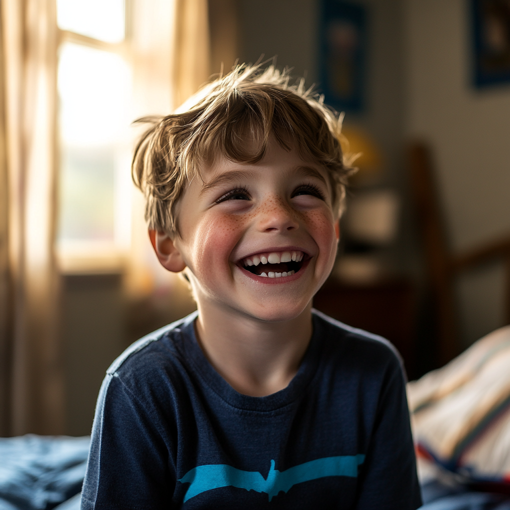 Un petit garçon heureux assis dans sa chambre | Source : Midjourney